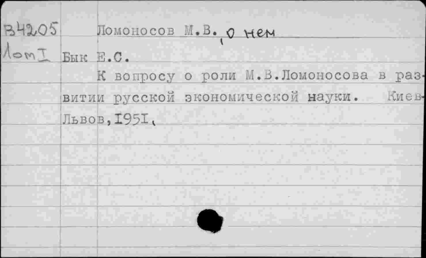 ﻿?М05		Ломоносов М.В. 0
	Бык	Е.С.
		К вопросу о роли М.В.Ломоносова в раз
	витии русской экономической науки. Киев	
	Льво	в,1951,